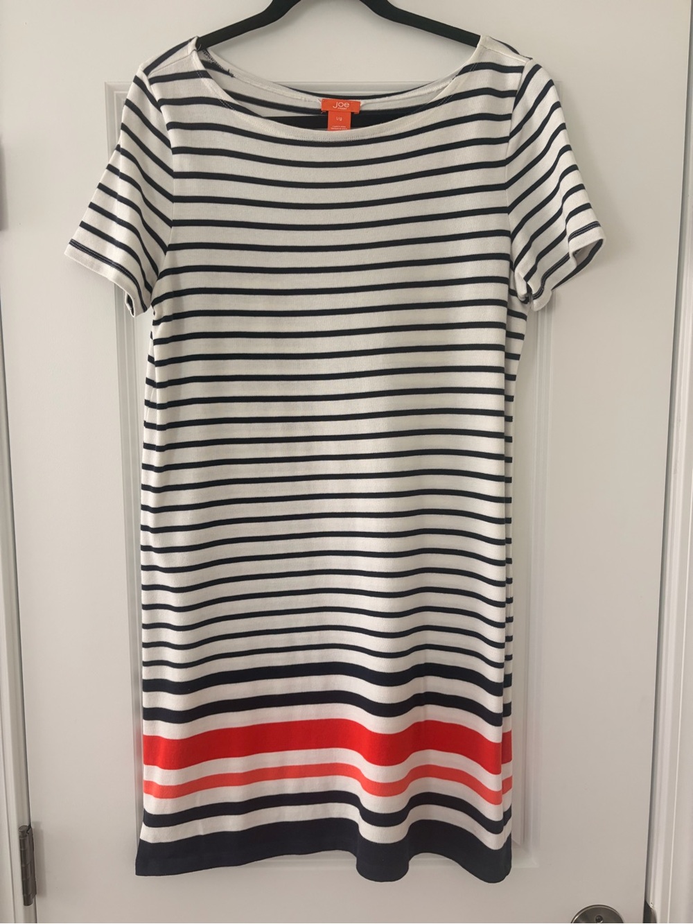 Joe Fresh White and Navy Striped Mini Dress with Red Hem Accent